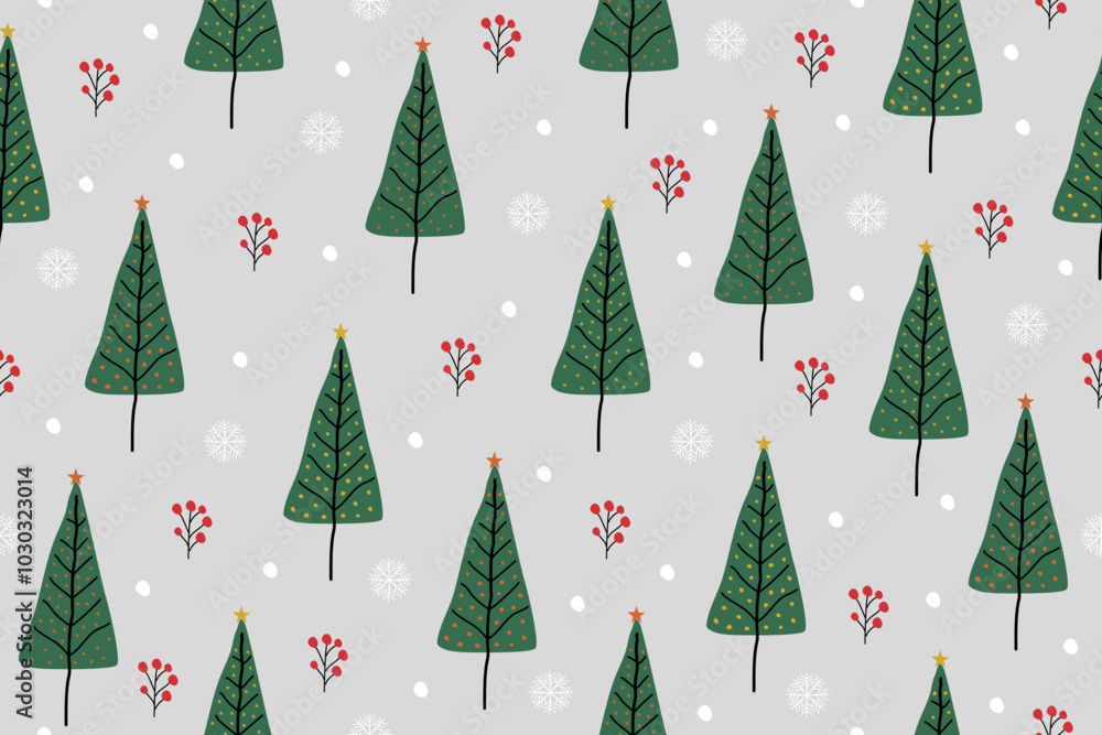 Obraz premium Christmas seamless pattern on a grey background. Cute christmas tree doodle hand drawn. Celebrate festival. Design for vector illustration, fabric, wrapping, gift, paper, greeting cards.