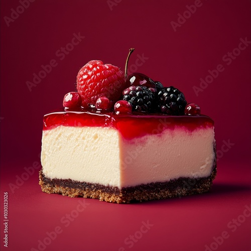 Indulge in deliciousness a glorious slice of cheesecake topped with fresh berries and ruby red sauce for dessert lovers everywhere! photo