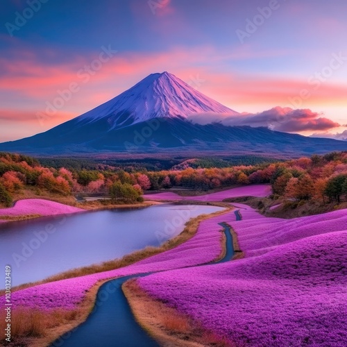 Scenic Pink Moss Field at Shibazakura Festival in Yamana with Mount Fuji in the Background photo