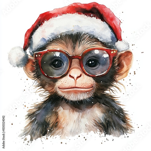 Festive monkey wearing santa hat and glasses bringing joyous holiday spirit for christmas celebrations photo