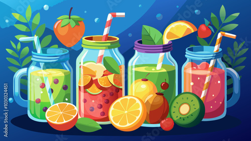 Detox drinks in jars with fresh fruits isolated on blue