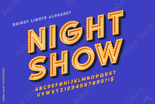 Retro cinema alphabet design, cabaret, fairy LED lamps letters and numbers.