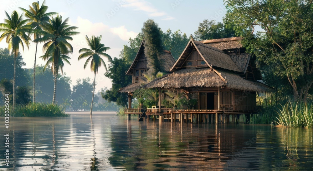 serene lake house, tropical paradise, peaceful retreat, lush greenery, water reflections, nature escape, warm sunlight, idyllic scenery, tranquil atmosphere, rustic architecture serene lake house, tropical paradise, peaceful retreat, lush greenery, water reflections, nature escape, warm sunlight, idyllic scenery, tranquil atmosphere, rustic architecture