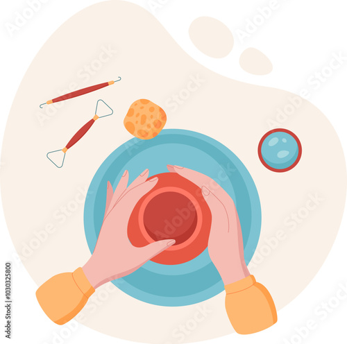 Woman hands create pottery in workshop with tools and equipment. Craft activity of handmade pottery making, DIY project. Concept of creative hobby, flat visual style, suitable for art classes or
