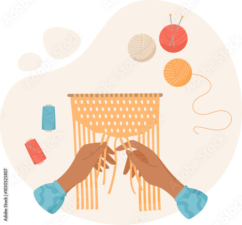Hands work with yarn and textile in a craft workshop. DIY activity showcasing macrame hobby and creative expression. Concept of handmade crafts, flat style, ideal for art craft themes.