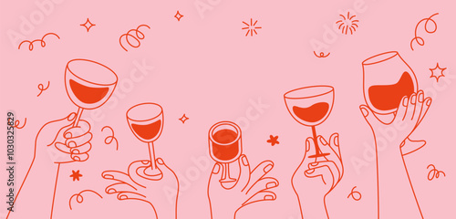 Vector simple minimal linear style illustration with cartoon hands holding wine glasses, celebration and party vibe, invitation design element, banner, template