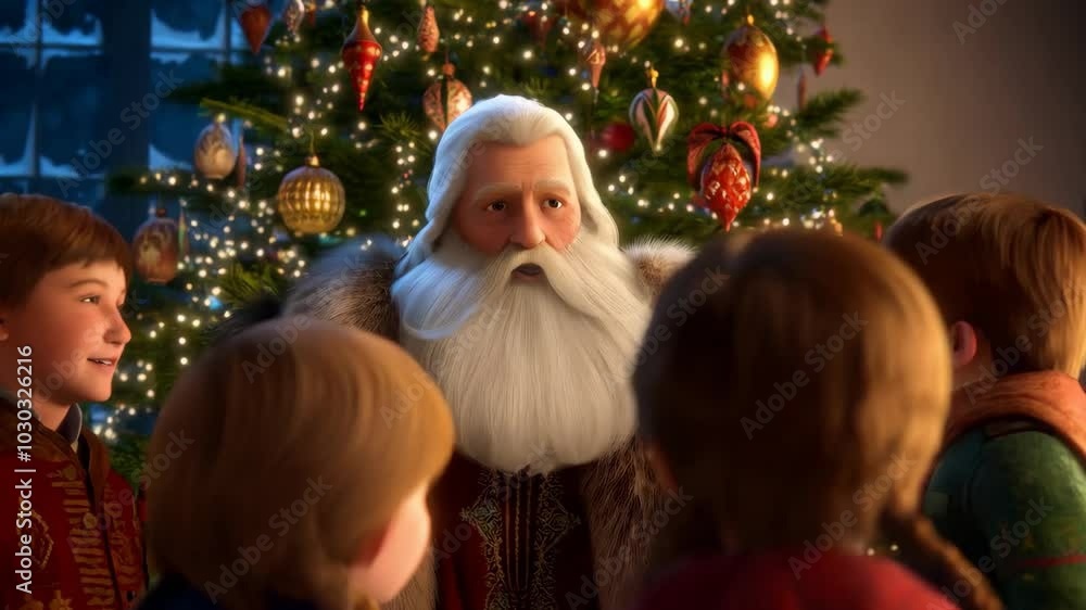 A group of children are gathered around Santa Claus, who is holding a candy cane. The scene is set in a Christmas tree-filled room, with the children looking on in anticipation A group of children are gathered around Santa Claus, who is holding a candy cane. The scene is set in a Christmas tree-filled room, with the children looking on in anticipation