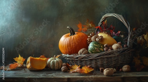 Thanksgiving day close up still life. Pumpkin harvest in wicker basket. Squash, vegetable autumn fruit, apples, and nuts on a wooden table. Halloween concept