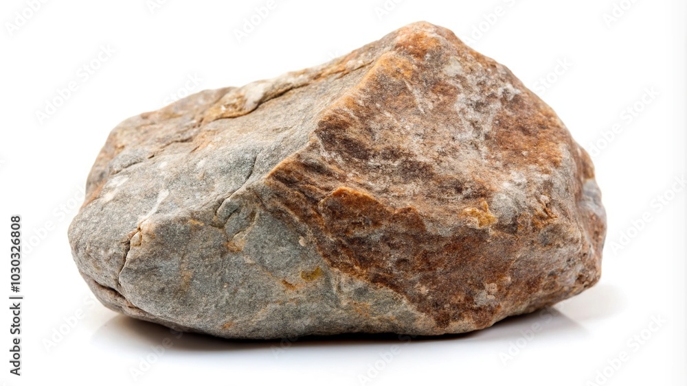 Isolated gray brown rock on white background low angle view Isolated gray brown rock on white background low angle view