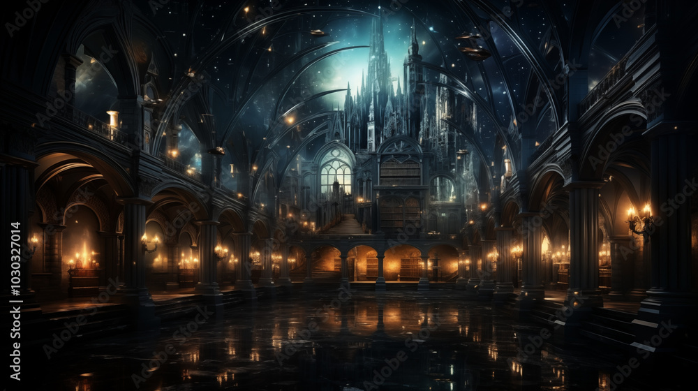 Obraz premium Intricate fantasy hall illuminated by candles with a mystical mood and an ancient cathedral backdrop