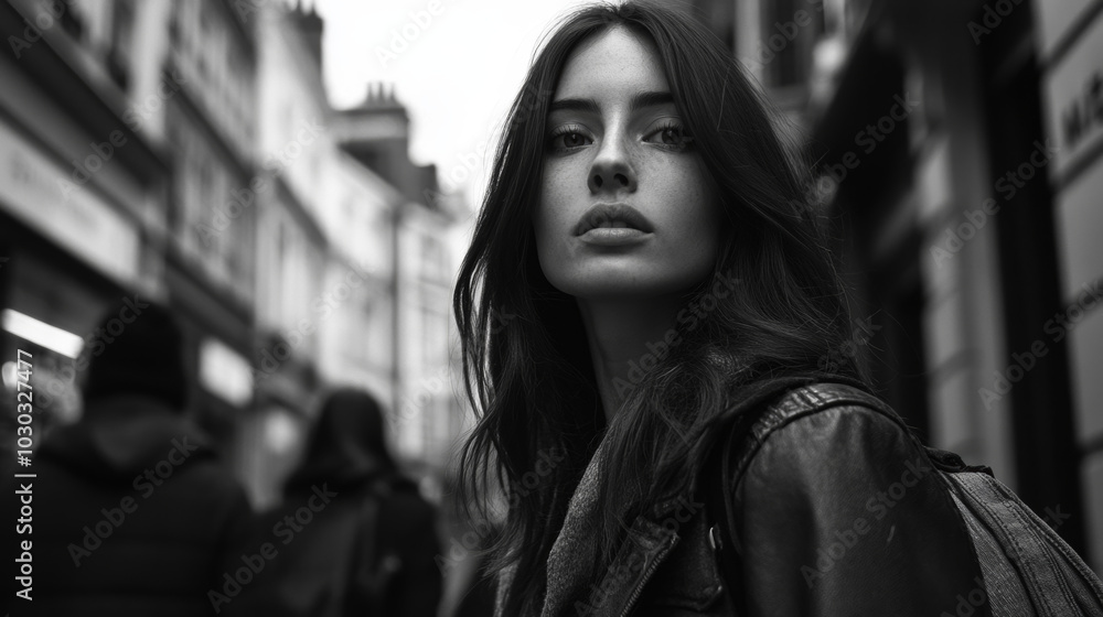 Black and White full Portrait for a British Female Model in Crowded City Black and White full Portrait for a British Female Model in Crowded City