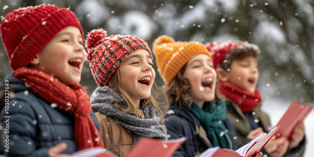 Fototapeta premium Cheerful children doing door-to-door carol singing on Christmas eve. Group of kids caroling on the street during festive holidays. Traditional Christmas activities.