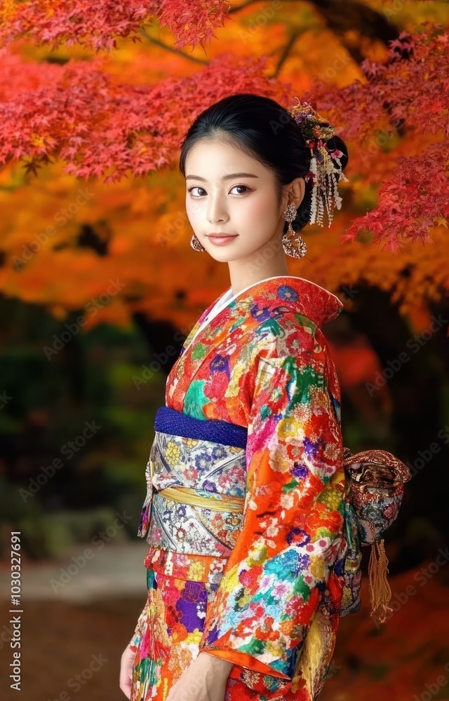 Colorful Kimono-wearing Japanese Woman Walking in Kyoto's Kiyomizudera Temple amidst Red Maple Trees - Full Body Shot Colorful Kimono-wearing Japanese Woman Walking in Kyoto's Kiyomizudera Temple amidst Red Maple Trees - Full Body Shot
