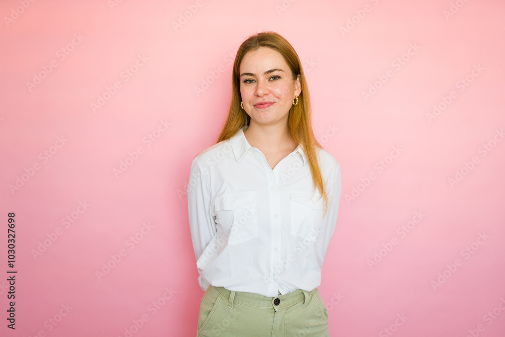 Portrait of a woman posing with her hands behind her back in a studio against a solid pink backdrop Portrait of a woman posing with her hands behind her back in a studio against a solid pink backdrop