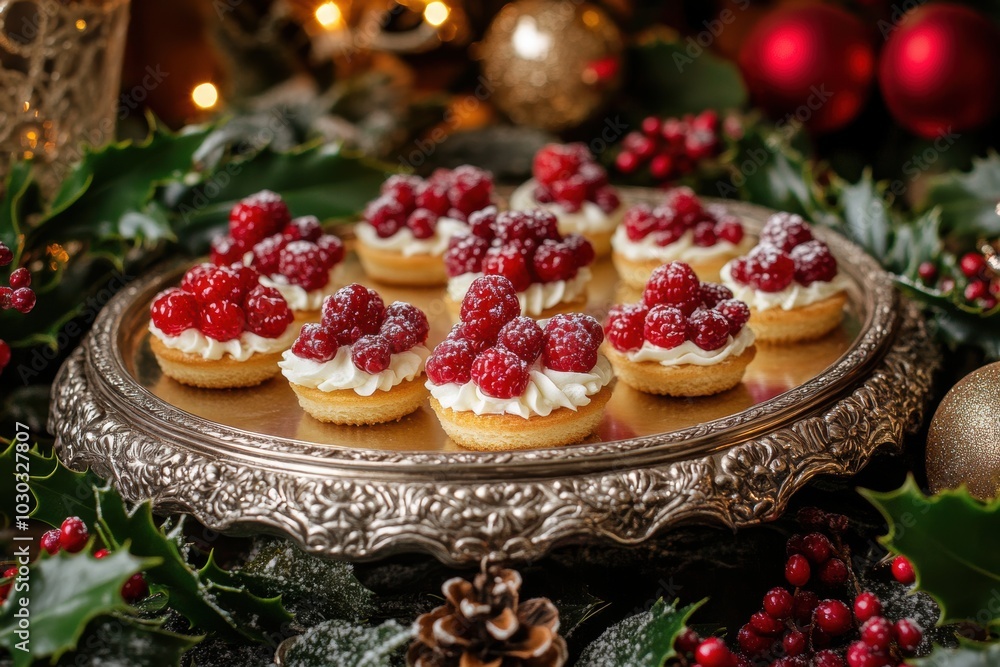 holiday party decor, festive holiday scene featuring christmas sweet canapes on an antique silver tray surrounded by holly branches holiday party decor, festive holiday scene featuring christmas sweet canapes on an antique silver tray surrounded by holly branches