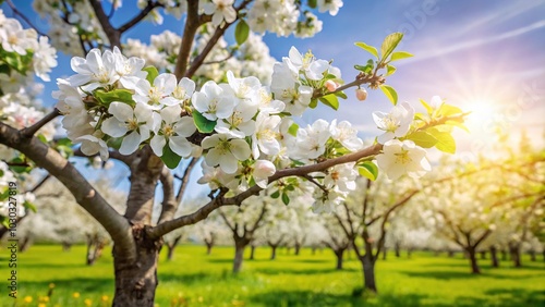 white spring apple tree blossoms in sunny weather Long Shot