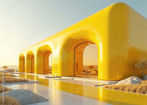 Modern yellow building with round arches reflecting in water at sunset