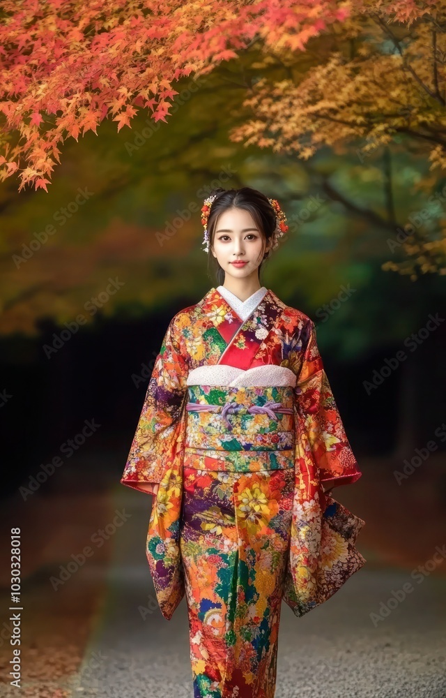 Japanese Woman in Colorful Kimono Enjoying Autumn in Kyoto Park - Fullbody Shot Japanese Woman in Colorful Kimono Enjoying Autumn in Kyoto Park - Fullbody Shot