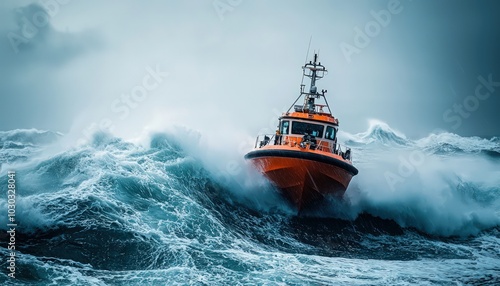 Rescue boat cuts through tumultuous waves during a stormy sea rescue