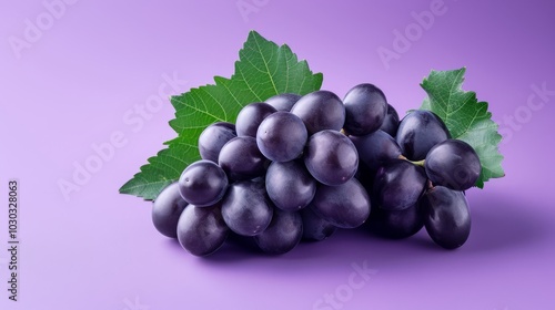 Exquisite Black Wine Grape and Kyoho Grape with Leaves, Isolated on a Regal Purple Background (