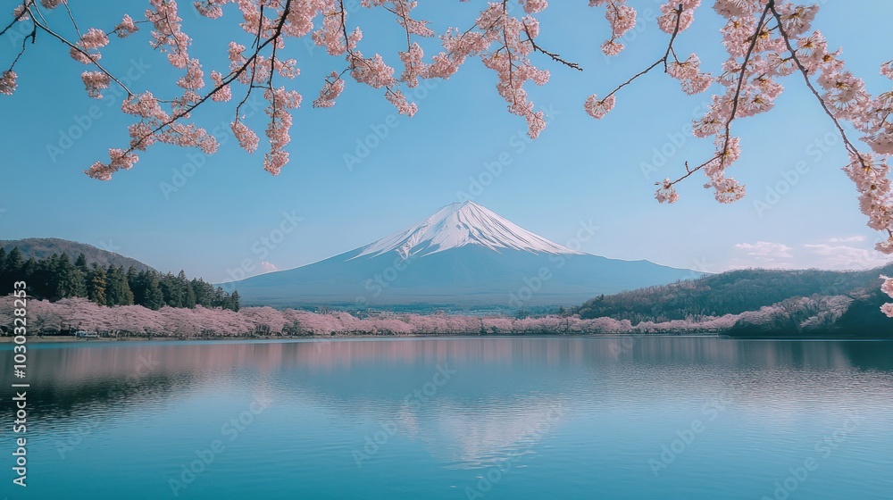 Fototapeta premium Mount Fuji with a foreground of cherry blossom trees and a reflective lake
