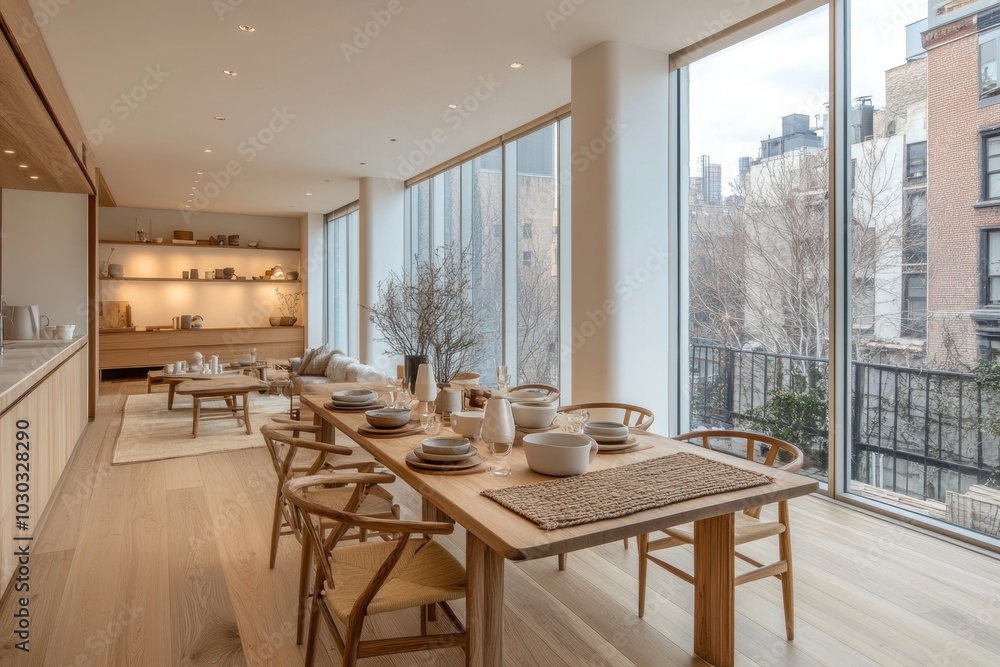 scandinavian dining setup, in a modern scandinavian home, a dining table is elegantly set with mismatched wooden chairs, simple dinnerware, and a woven textile centerpiece placed by large windows with