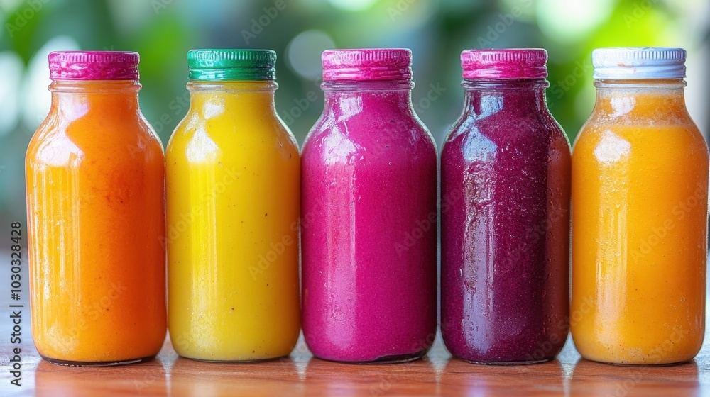 Vibrant array of colorful juice bottles arranged on a wooden table in a bright, tropical setting Vibrant array of colorful juice bottles arranged on a wooden table in a bright, tropical setting