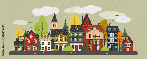 Autumn city. Rainy day in the city. Street with houses. Vector illustration in flat style.