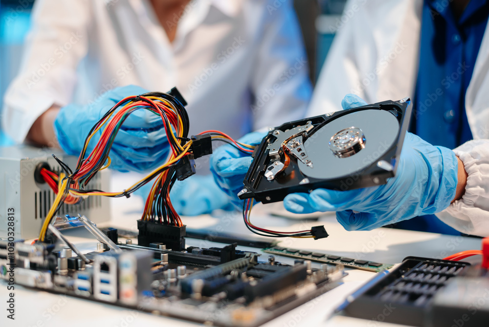 Obraz premium Showcasing expert computer hardware assembly and hard drive installation with precision
