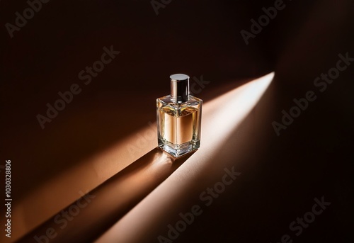 A glass perfume bottle with a silver cap sits in a single beam of light on a brown surface. photo