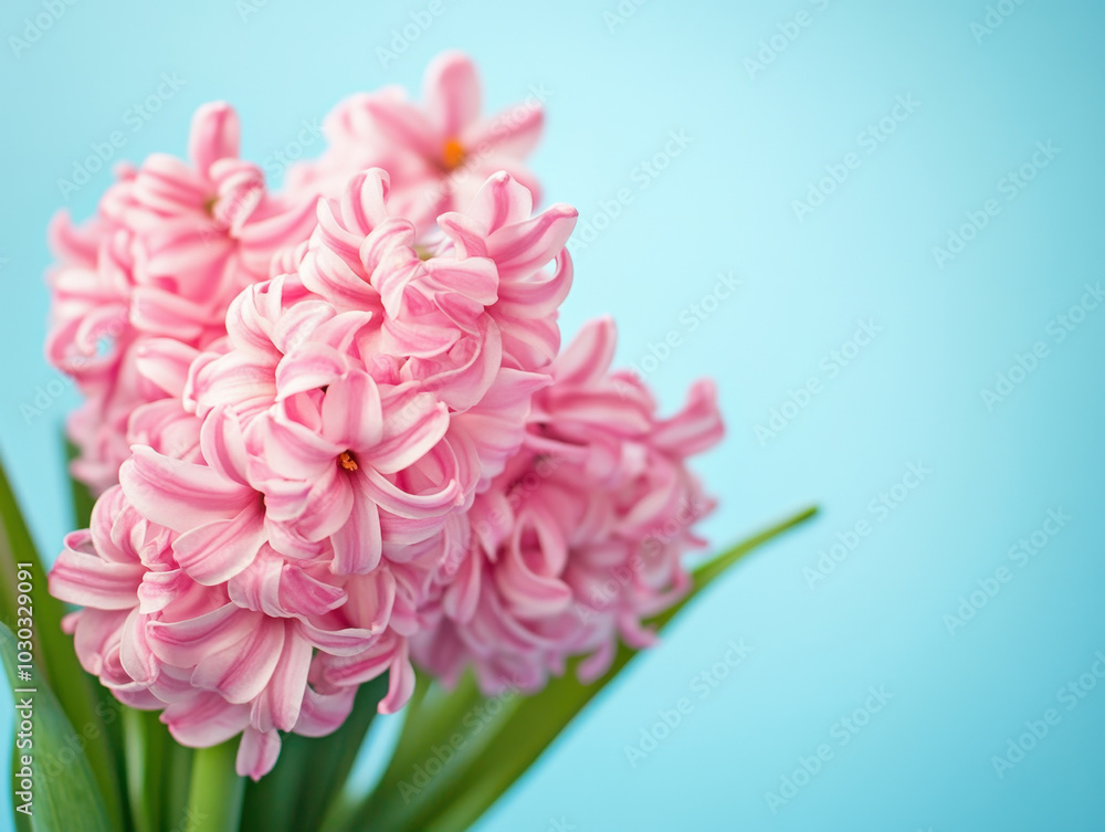 Delicate pink hyacinth flowers blooming gently against a soft blue background in early spring Delicate pink hyacinth flowers blooming gently against a soft blue background in early spring