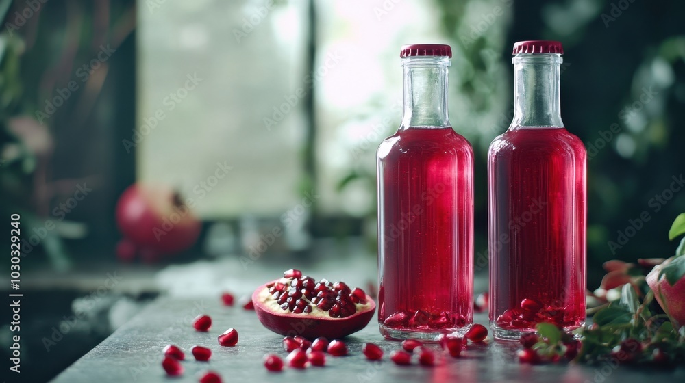 Refreshing pomegranate juice in glass bottles surrounded by fresh fruit on a rustic wooden table Refreshing pomegranate juice in glass bottles surrounded by fresh fruit on a rustic wooden table