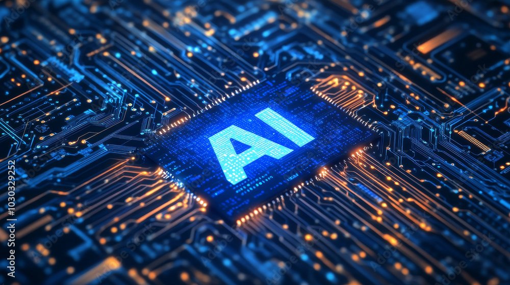 Artificial intelligence chipset on a circuit board, depicted in a futuristic technology concept. This vector illustration is designed for use in web banners, cards, or covers, showcasing advanced AI t