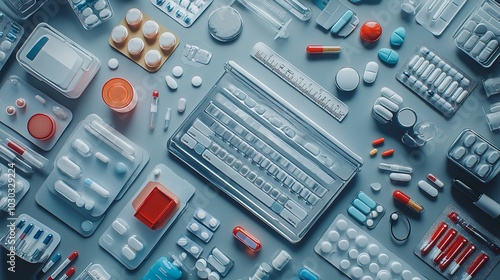 Top View Flat Lay Showing Medical Equipment and Drugs