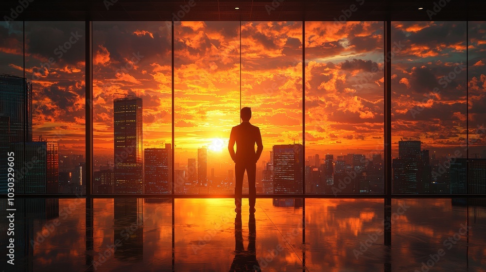 Businessman Contemplating Sunset in Modern Office - 3D Rendered Illustration of Professional Looking at Urban Cityscape from Window Businessman Contemplating Sunset in Modern Office - 3D Rendered Illustration of Professional Looking at Urban Cityscape from Window