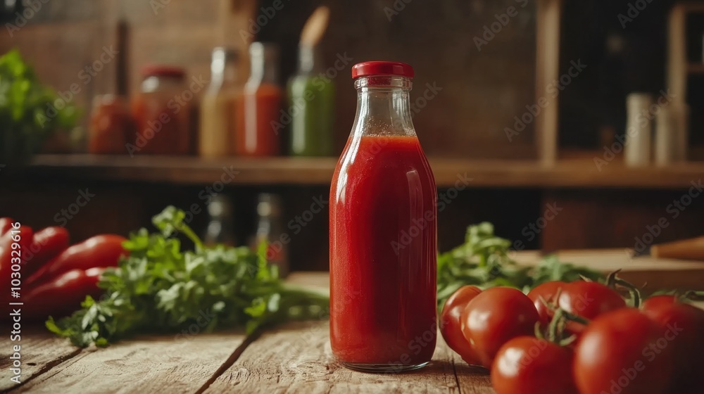 Freshly bottled tomato sauce with ripe tomatoes on a rustic wooden table in a cozy kitchen setting Freshly bottled tomato sauce with ripe tomatoes on a rustic wooden table in a cozy kitchen setting