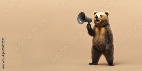 Bear Communication: Wild Animal Holding Megaphone on Brown Background