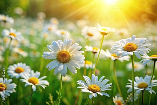 Minimalist sun kissed spring glade with blooming chamomile photo