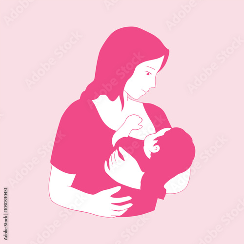 Mother and baby vector illustration. Breastfeeding themed design.