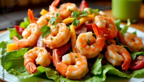 Shrimp salad with fresh vegetables and herbs on a white plate
