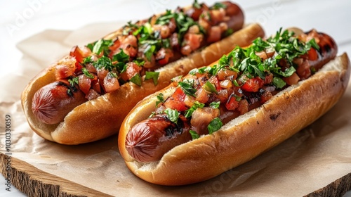 Delicious hot dogs topped with fresh salsa and herbs served on a rustic wooden board