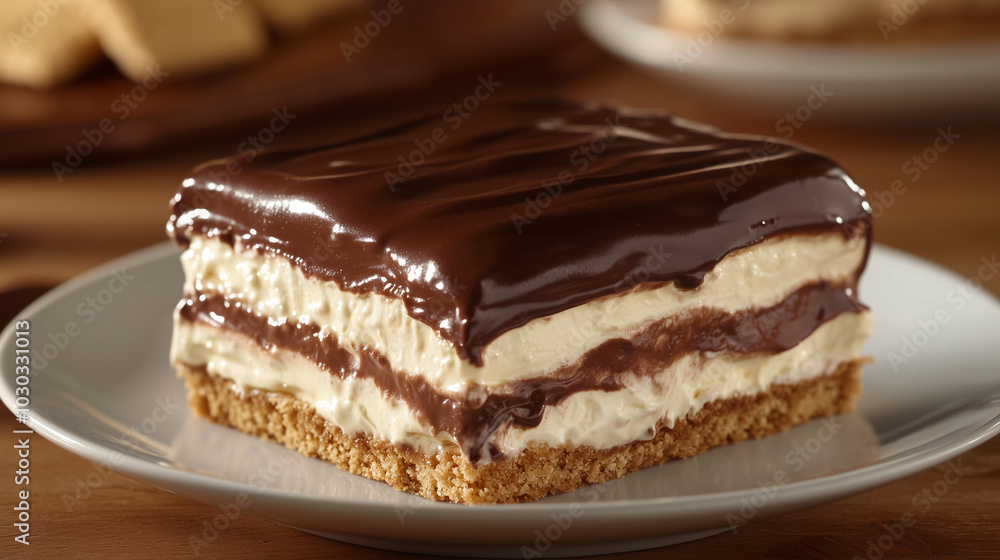 A slice of creamy dessert with a chocolate topping on a crispy base served on a plate A slice of creamy dessert with a chocolate topping on a crispy base served on a plate