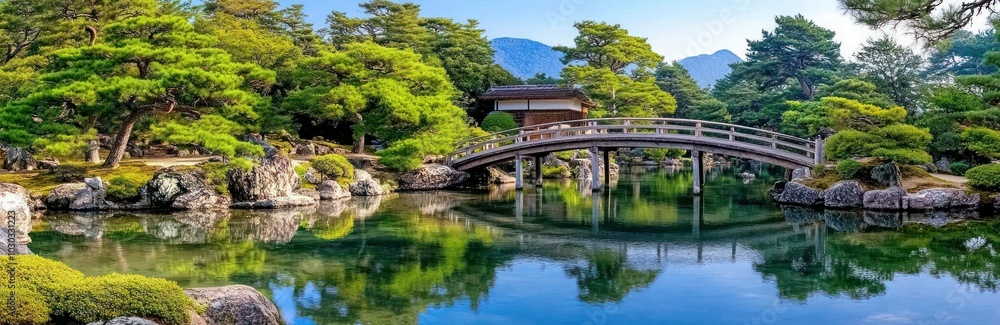 Serene Japanese Garden with Wooden Bridge, Rock Formations & Clear Water - High Resolution Panoramic View of Nature & Architecture Serene Japanese Garden with Wooden Bridge, Rock Formations & Clear Water - High Resolution Panoramic View of Nature & Architecture