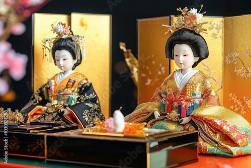 Japanese Hina Dolls Displayed on Table with Female Figures in Colorful Costumes and Gold Foil Boxes - High Definition Photography photo