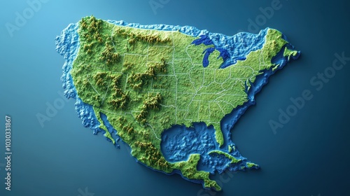A vibrant topographic representation of North America showcasing mountainous terrain, plains, and coastal regions in stunning detail