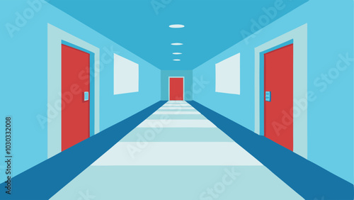 Wide Hallways A clinic interior scene featuring spacious hallways that allow for easy navigation with an arrow indicating a clear path and minimal obstacles.