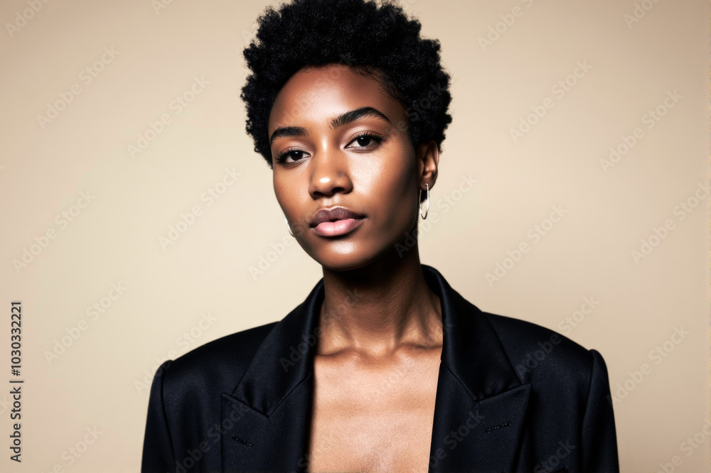 Obraz premium Studio portrait of an attractive woman with short afro hair wearing a black blazer