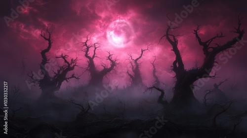 Ethereal vampires emerging from a misty forest with crimson fog creating a mystical and otherworldly environment