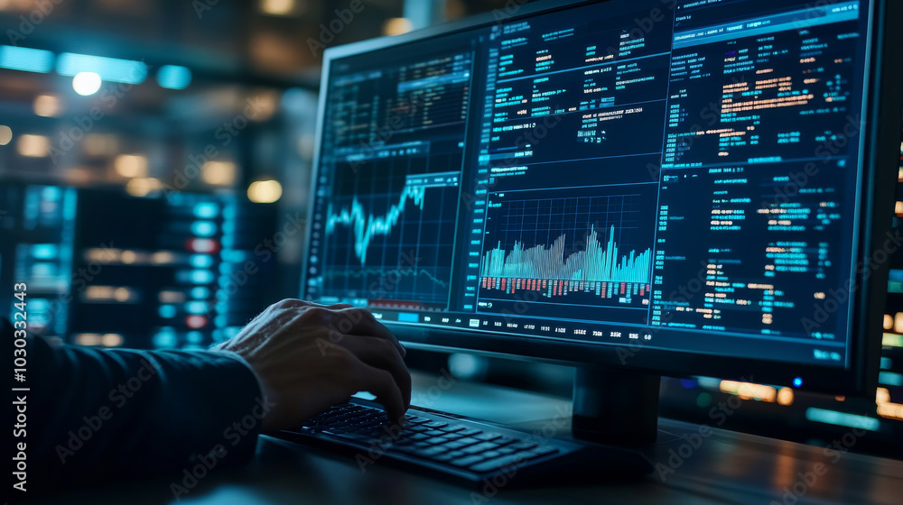 An analyst managing a system database, analyzing data plans, and generating reports, with a dashboard chart displayed on the computer. The scene represents research and analytics on a digital platform An analyst managing a system database, analyzing data plans, and generating reports, with a dashboard chart displayed on the computer. The scene represents research and analytics on a digital platform