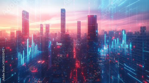 Wallpaper Mural Financial economy Stock market data chart screen and city high-rise skyline Torontodigital.ca